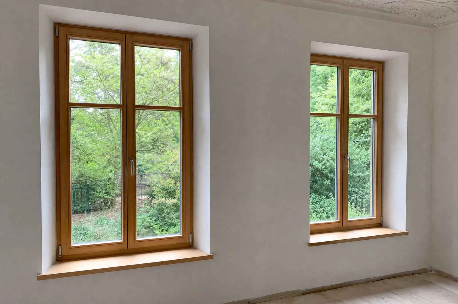 Neue Holzfenster nach dem Einbau im sanierten Altbau (Visualisierung)