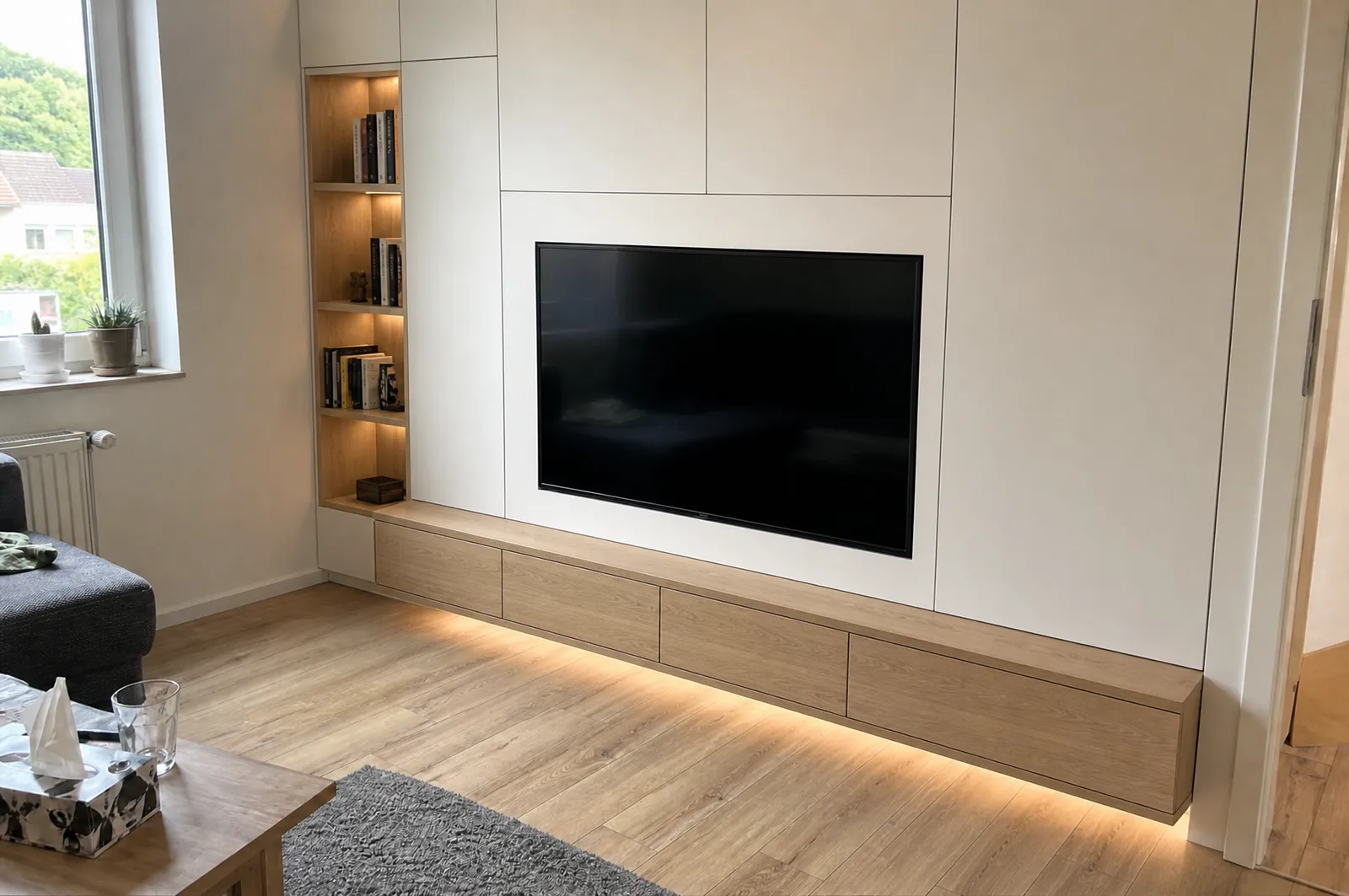 Nachher: Medienwand nach Maß mit versteckter Technik (Visualisierung)