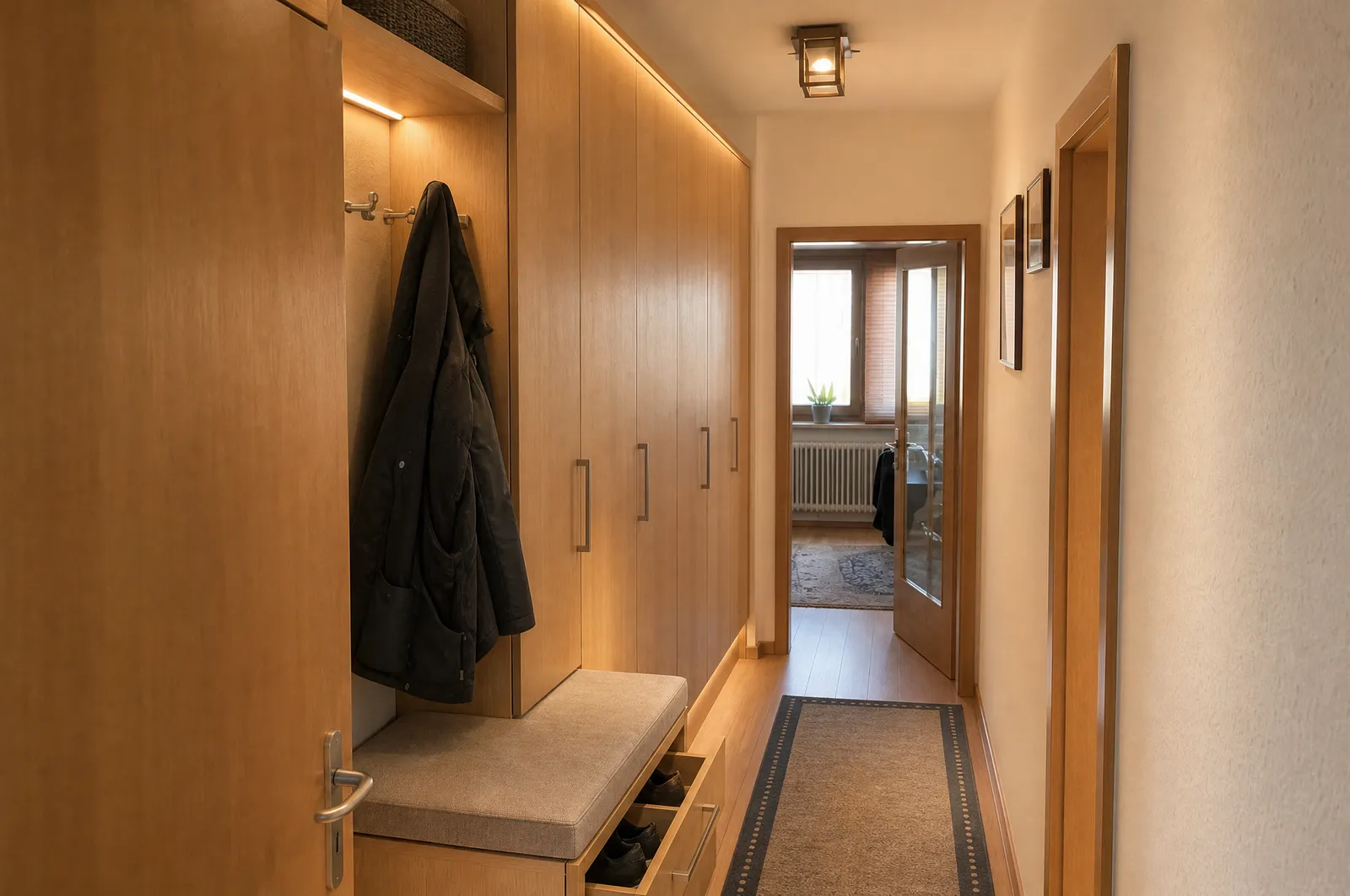 Nachher: komfortable Garderobe mit Sitzbank in guter Griffhöhe (Visualisierung)
