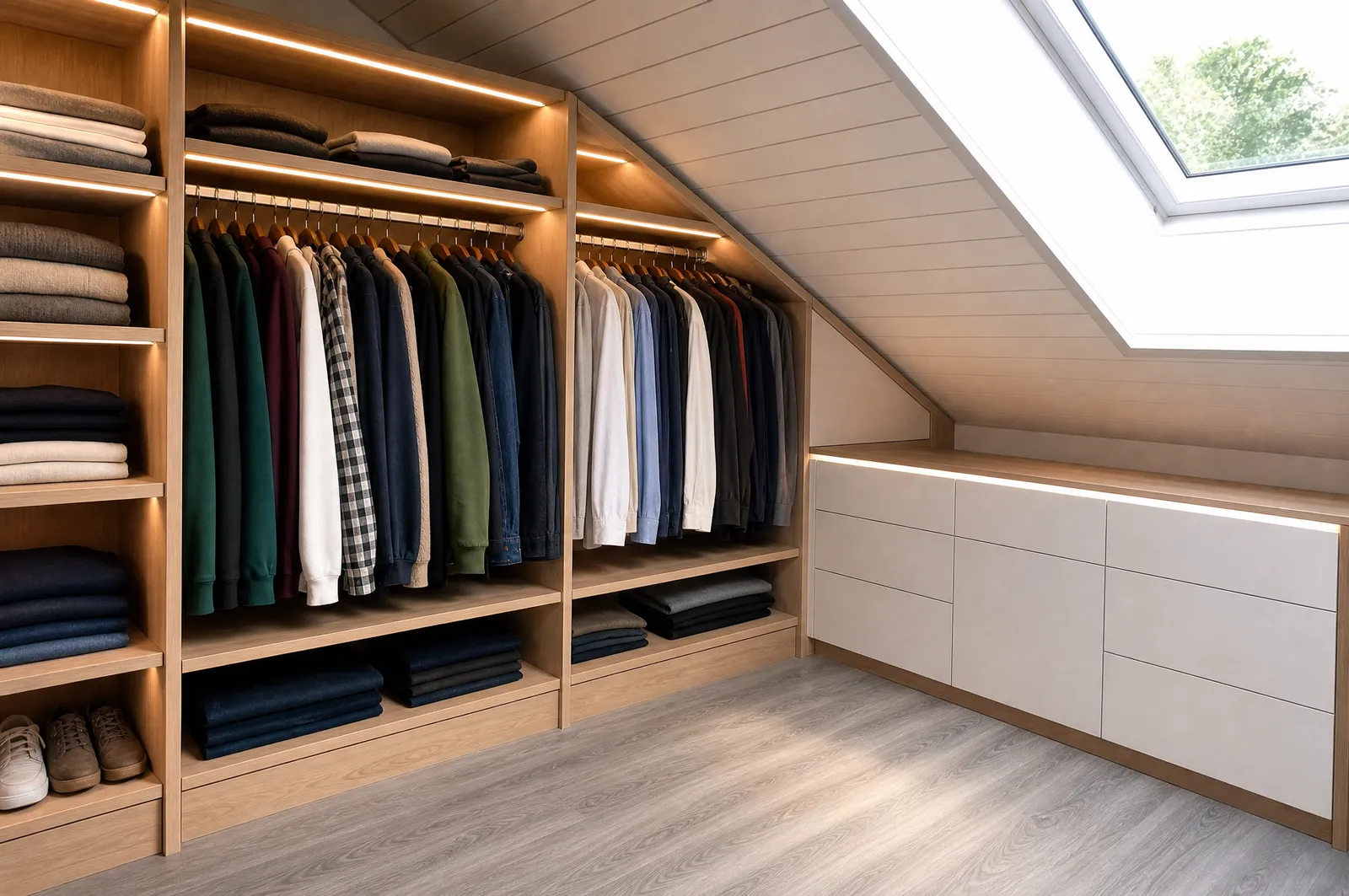 Begehbarer Kleiderschrank unter der Dachschräge (Visualisierung)