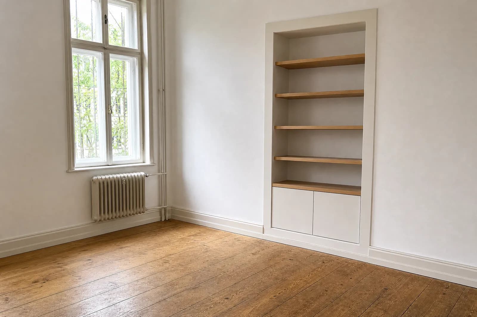 Nachher: sanierter Raum mit Maßeinbauten, Altbau-Charakter erhalten (Visualisierung)