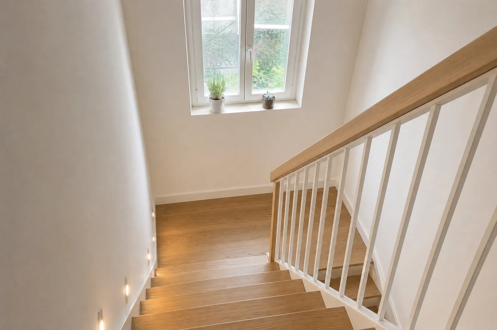 Nachher: sanierte Treppe mit Eichenstufen und Stufenbeleuchtung (Visualisierung)